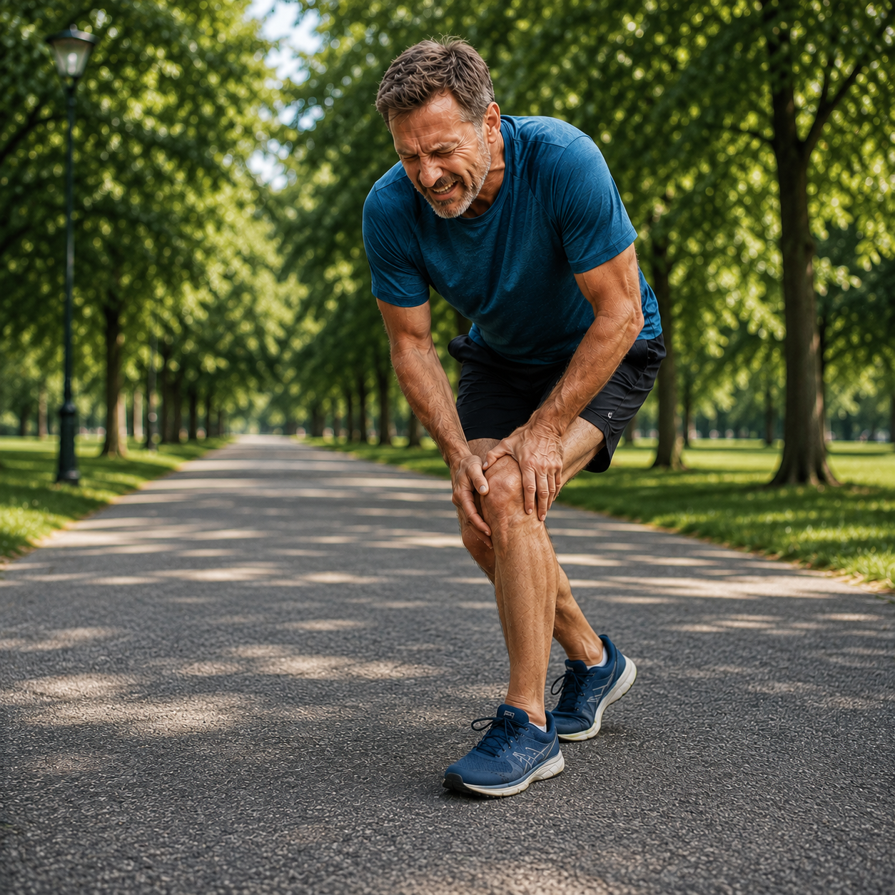 Man die zijn knie vastpakt tijdens het lopen als visuele herkenning van plotselinge knie-onzekerheid